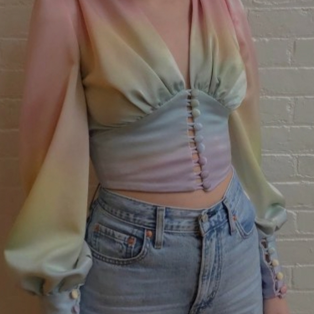 Lanjia Shop rainbow Satin blouse crop top sz S